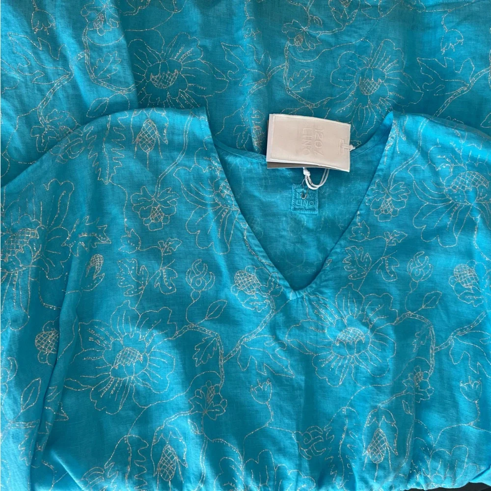 120% Lino Blue Linen Glitter Floral Tunic Dress Cover-Up Cinched Waist Tie S
